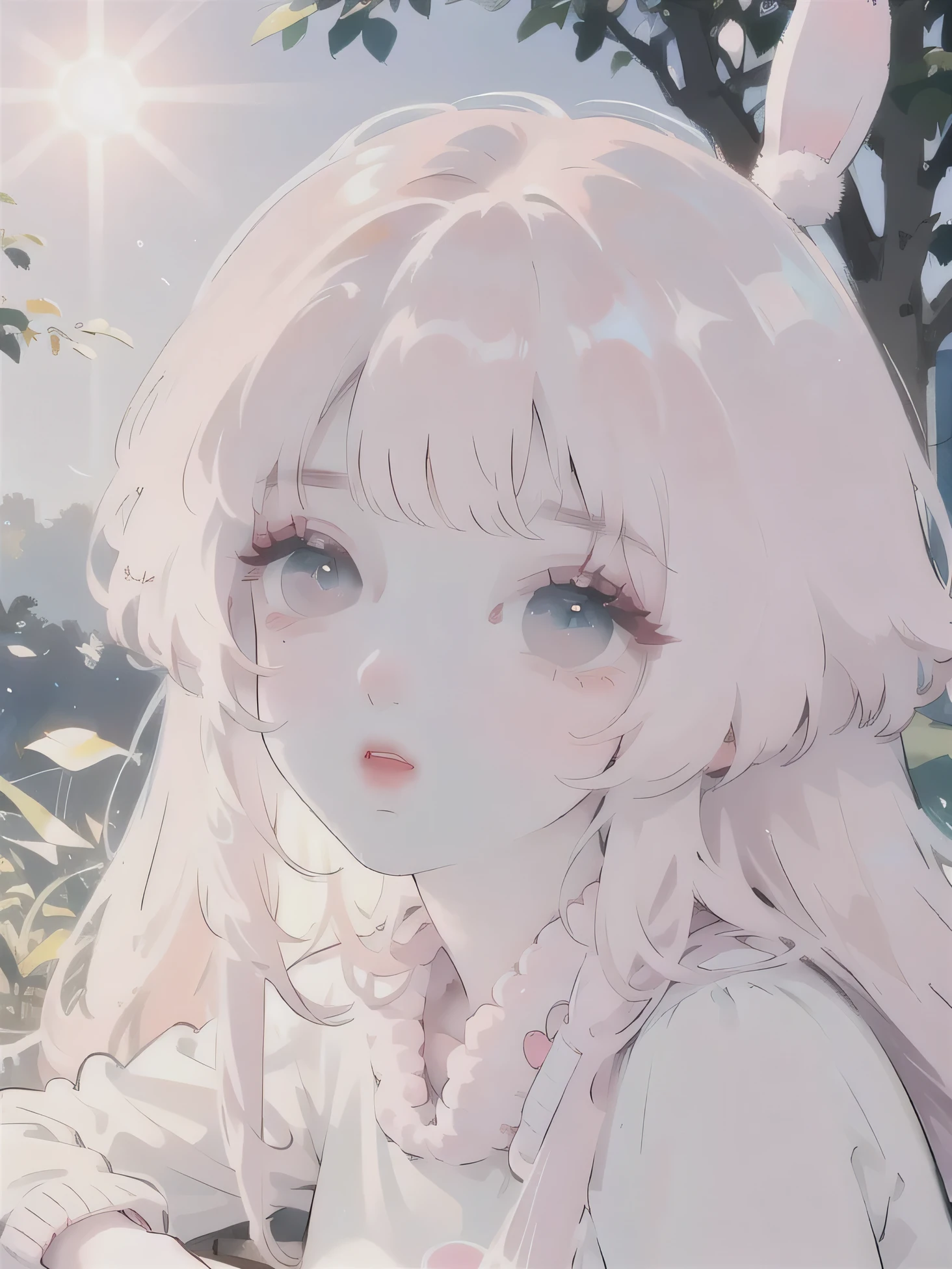 (high quality) (best quality) (a woman) (correct physiognomy) (perfect students) (perfect eyes) anime woman, deep pink long and fluffy hair pink, two rabbit ears coming out of her head, blue eyes, lips sensitive, feminine appearance, soft facial features, thin eyebrows, soft skin, rosy cheeks, pink lips, silky eyelashes, dreamy expression, middle age, youthful clothing, print sweatshirt, photo illuminated by sunlight, Woman sitting on forest.