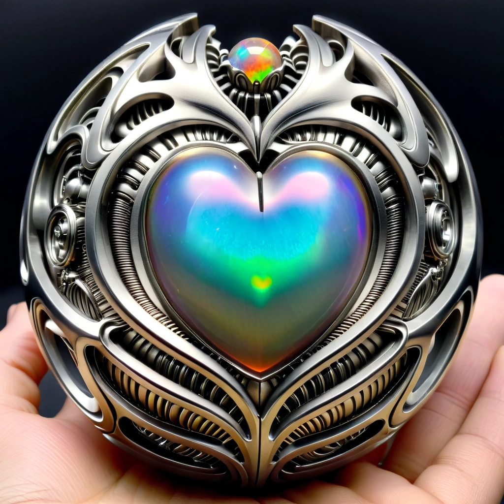 a sliver and opal mechanical orb, giger style, silvercarvingcd_xl , rainbow heart aura,