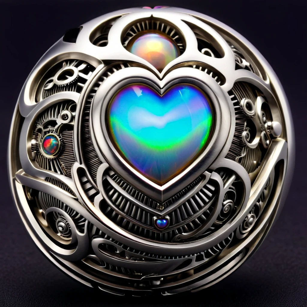 a sliver and opal mechanical orb, giger style, silvercarvingcd_xl , rainbow heart aura,