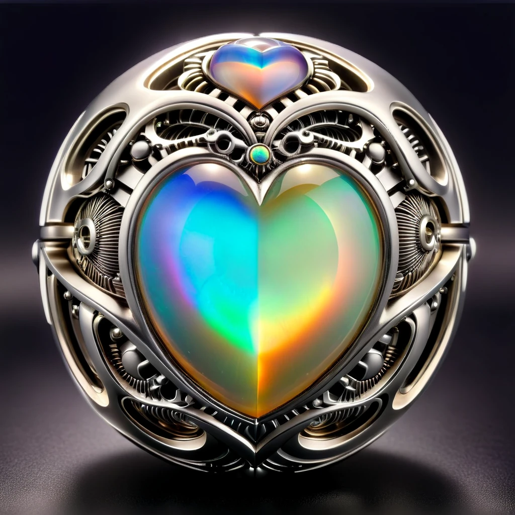 a sliver and opal mechanical orb, giger style, silvercarvingcd_xl , rainbow heart aura,
