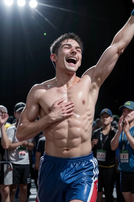 The runner crossed the finish line, his chest heaving with effort and sweat running down his face. The crowd erupted in applause and cheers as he raised his arms in a gesture of triumph. With a wide smile on his face, he looked up to the heavens and let out a cry of celebration. Friends and family came over, hugging him and congratulating him on his impressive performance. The photographers captured the moment, the expression of pure happiness and achievement etched into each photo. He knew that all the hard work, hard training, and dedication had paid off. Today, he was the winner.