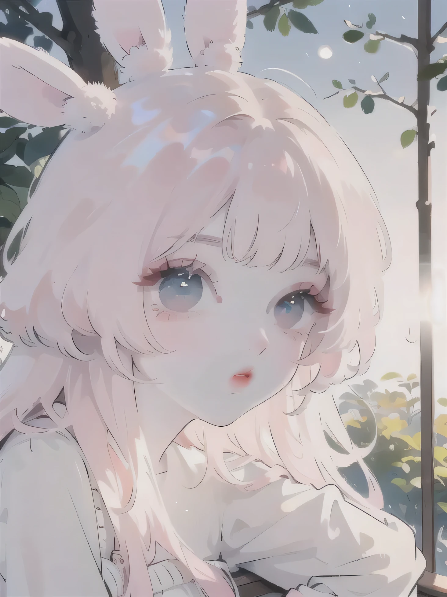 (high quality) (best quality) (a woman) (correct physiognomy) (perfect students) (perfect eyes) anime woman, deep pink long and fluffy hair pink, two rabbit ears coming out of her head, blue eyes, lips sensitive, feminine appearance, soft facial features, thin eyebrows, soft skin, rosy cheeks, pink lips, silky eyelashes, dreamy expression, middle age, youthful clothing, print sweatshirt, photo illuminated by sunlight, Woman sitting on forest.