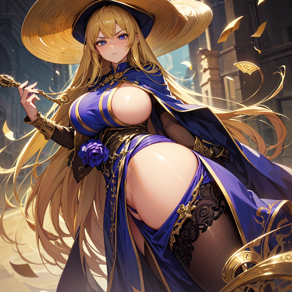 (( straight face picture )) ((best quality)), ((Masterpiece)), (details), Young woman , yellow hair , Dirt. , blue eyes ,Blue purple set, Gold pattern, wearing a big brimmed hat , Magician , The dress is very beautiful. ,long dress ,big breasts ,Big butt