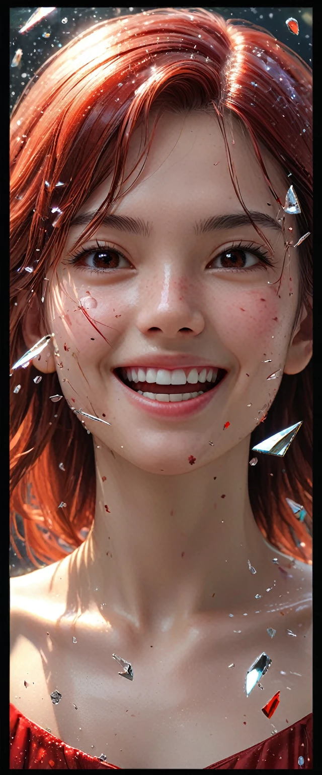 （best quality，Ultra-fine，Fidelity：1.37），beautiful girl，（intense gaze），（smile），Red viscous liquid oozes from scratches on face，close up。Bullets flew through the air，broke the glass。Instant capture，penetrating glass shards，Detailed bullet trajectories，slam，Shards of glass were scattered all over the place，There are debris in the air，slow motion freeze，high speed capture，dynamic chaos，Precise timing，flying debris，suspended in the air，dance clip，stained glass shards，refracted light，moving rapidly，translucent fragments，windows in fragments，