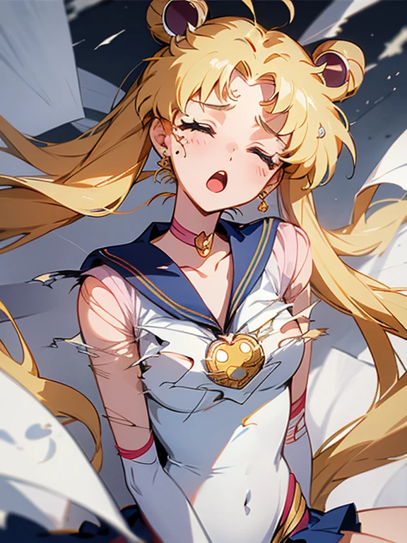 1 girl, cloth pieces, solo, eternal sailor moon, closed eyes, :o, tottering, tilt head, pain, suffering, moaning, struggling, (torn clothes:1.3)