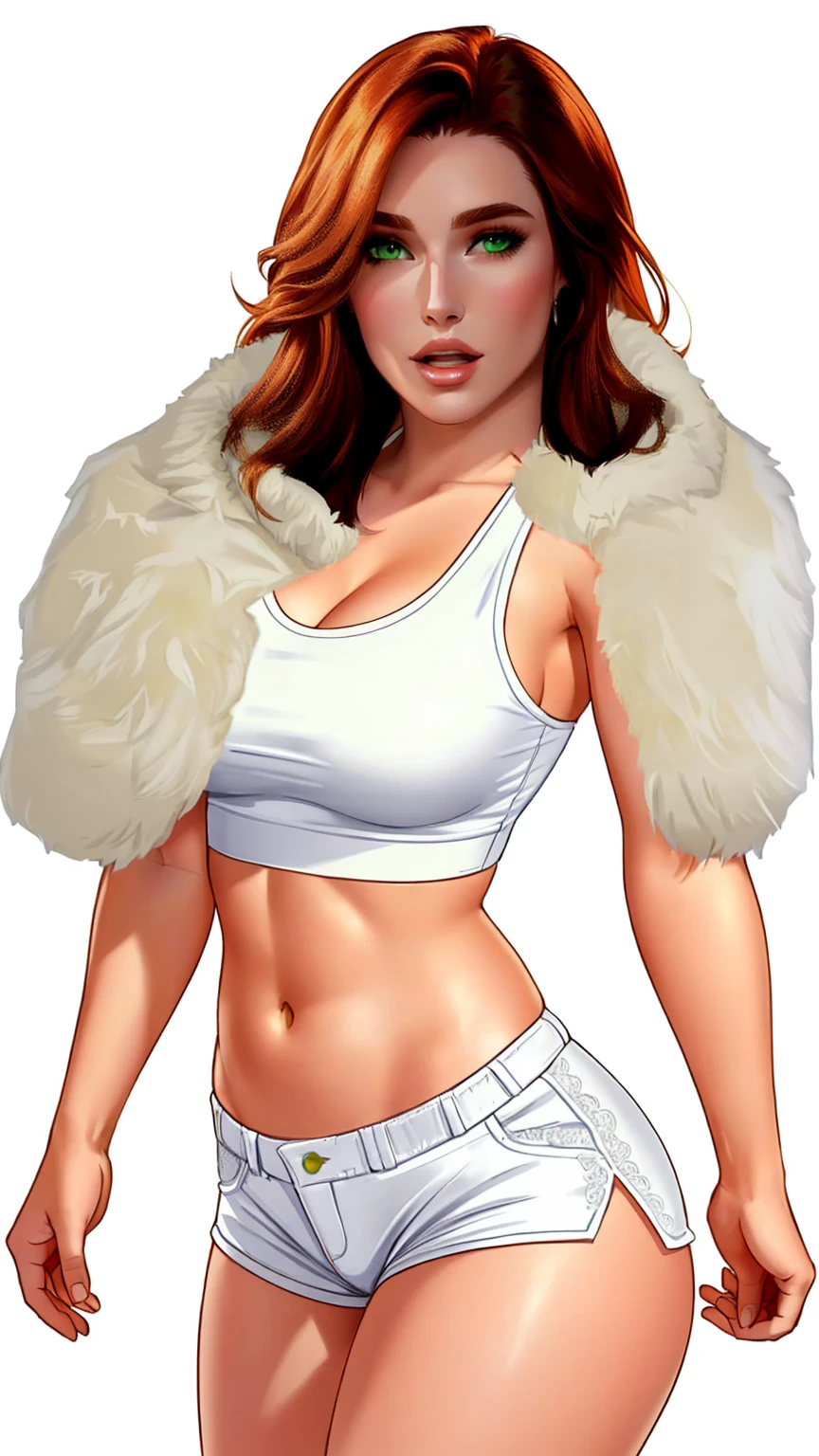 Lacy Lemon, pretty woman, ginger hair, midriff, white cloth hotapants,tank top, fur stole short shorts, fur wrap over shoulders
green eyes,
white background, blank background,