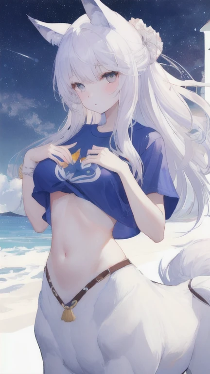 (best quality, masterpiece), 1 girl, centaur, It takes, White skin, Korean , exposing the abdomen,belly button t-shirt, 아름다운 소녀 perfect wolf photo, perfect wolf photo