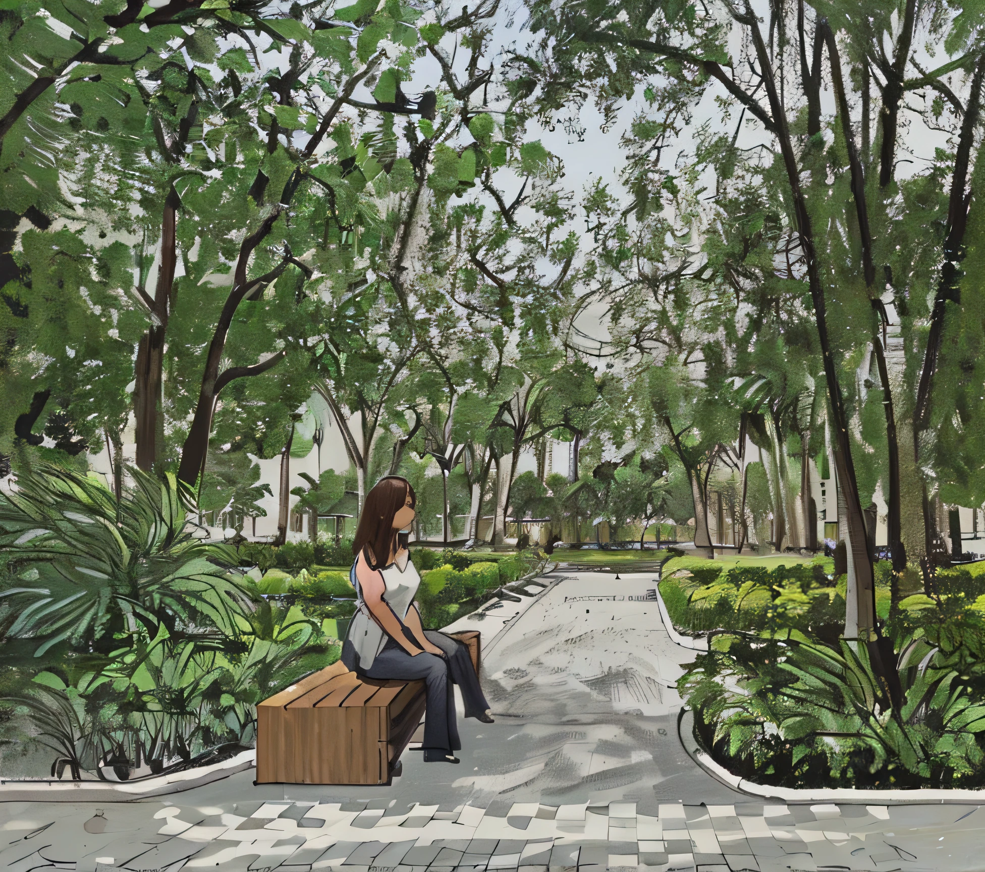 quick sketch of a woman sitting on a bench in a park, green vegetation, trees, palm trees, with a park in the background, a city park, incredibly composed sketch. Beautiful sketch on a white sheet