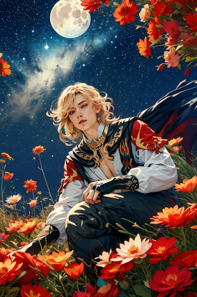 1 adult male solo, blond hair, red eyes, kaveh genshin impact, white top, red and black embroidered details, golden accessories, dark pants, fingerless gloves, feather hair ornament, shiny eyes (​masterpiece),((top-quality)),(offcial art),(Beautiful and indulgent:1.2),(1manin:1.3),Detailed drawing。Vibrant colors。colourfull、highestdetailed ((ultra-detailliert)),(Highly detailed 2D illustrations),((Extremely delicate and beautiful))Super Detail,atmosphric perspective，dust particle, iridescent, glowing, surrounded by dark red lily flowers, (((on a flower field at night, many flowers around, night sky stars and moon)))