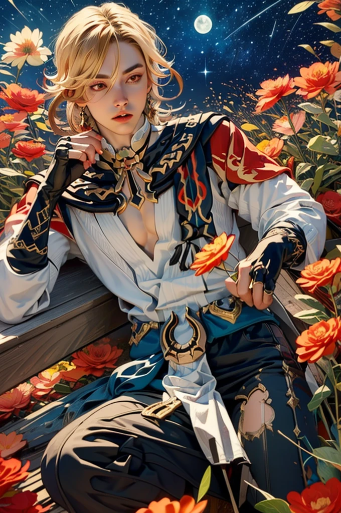 1 adult male solo, blond hair, red eyes, kaveh genshin impact, white top, red and black embroidered details, golden accessories, dark pants, fingerless gloves, feather hair ornament, shiny eyes (​masterpiece),((top-quality)),(offcial art),(Beautiful and indulgent:1.2),(1manin:1.3),Detailed drawing。Vibrant colors。colourfull、highestdetailed ((ultra-detailliert)),(Highly detailed 2D illustrations),((Extremely delicate and beautiful))Super Detail,atmosphric perspective，dust particle, iridescent, glowing, surrounded by dark red lily flowers, (((on a flower field at night, many flowers around, night sky stars and moon)))