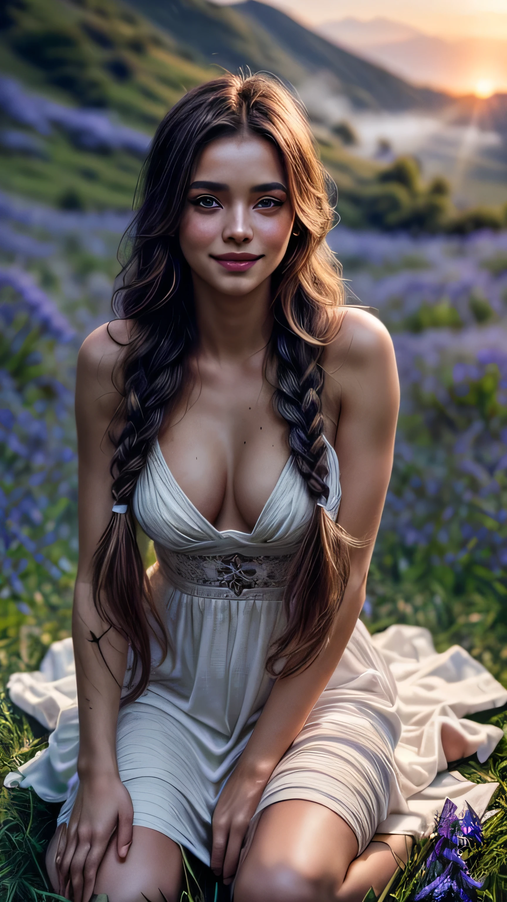 (masterpiece, photorealistic:1.4, extremely intricate:1.3), (photon mapping, radiosity, physically based rendering, ultra resolution, hyper-realistic, 8K), (teenage supermodel girl, fantasy, piercing blue eyes, [large breasts:medium breasts:0.2], (([skin detail:freckles:0.8])), she wears a white sun dress, long braided blond hair with ribbons. ((She is kneeling in tall grass surrounded by Alpine Bluebells upper body, smiling, happy)), portrait, photography, detailed skin, (((diffused soft lighting))), shallow depth of field, sharp focus, cinematic lighting), (sunset light), (mist covered ground)