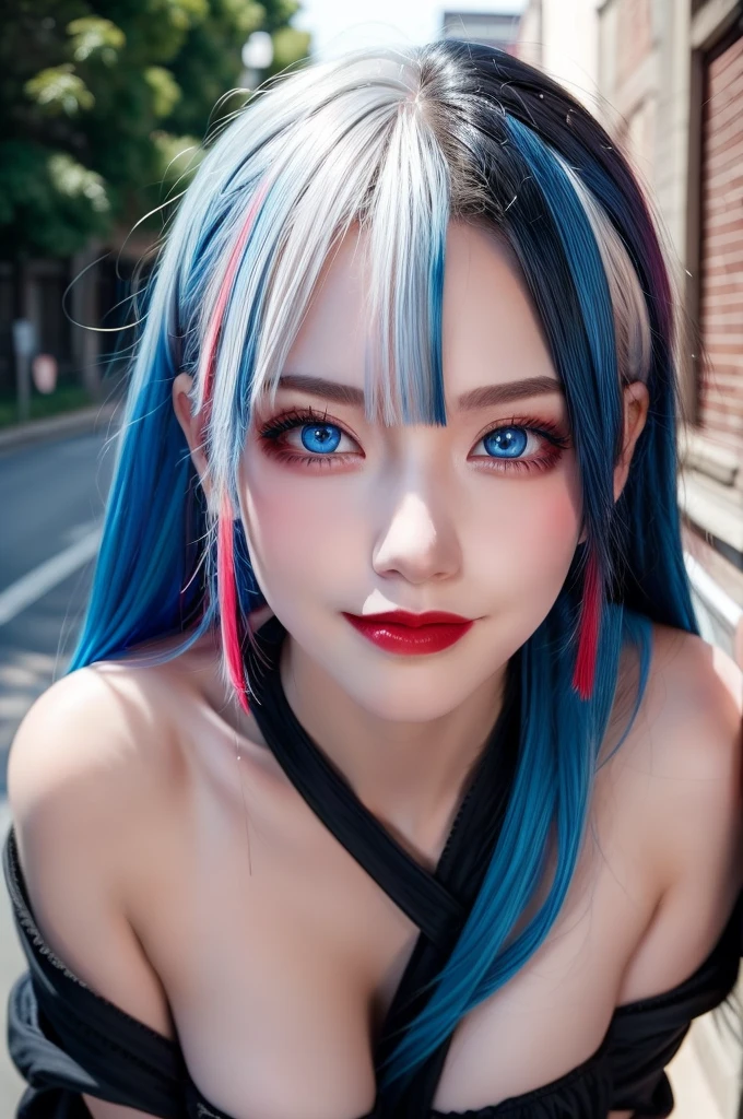 masterpiece, best quality, highly detailed,1girl,outdoors, adult, split-color hair, red and blue hair, hair over eye, dynamic pose, clothes, smile, lipstick, bright blue eyes