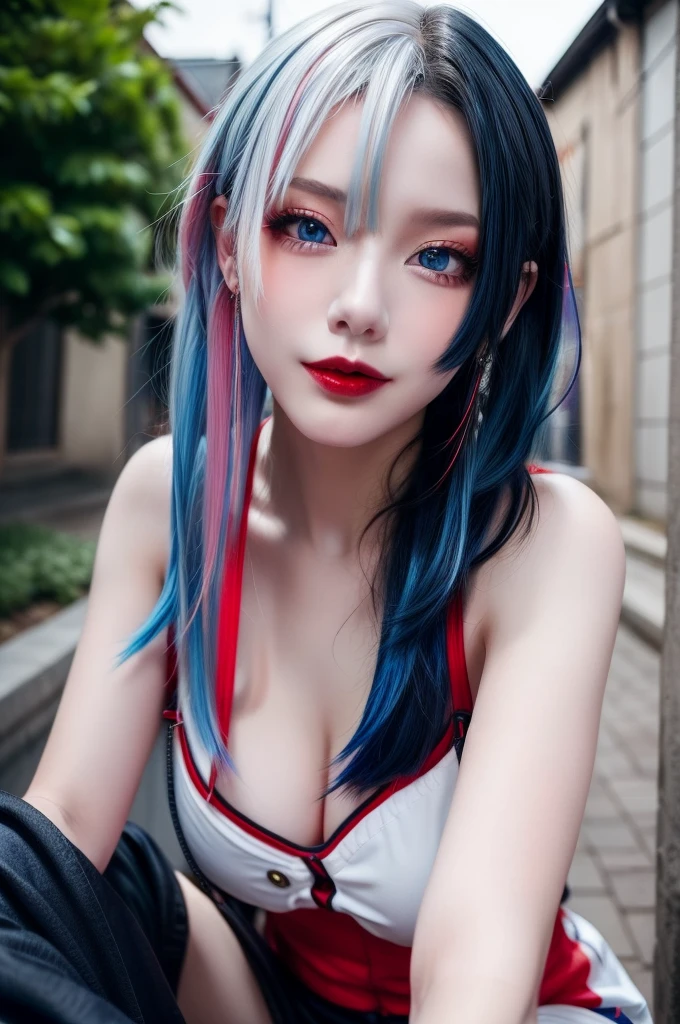 masterpiece, best quality, highly detailed,1girl,outdoors, adult, split-color hair, red and blue hair, hair over eye, dynamic pose, clothes, smile, lipstick, bright blue eyes