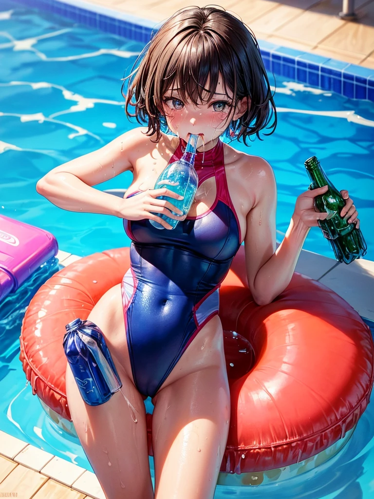 Highest quality,Highest Resolution,A crying face wearing a brightly colored leotard swimsuit2Beautiful girl of the person,Poolside at the competition pool,Very beautiful eyes,(((Drinking a bottle of drink))),Sweat profusely,Tears,(((Open your mouth wide and drool)))whole body,Super High Leg,Standing posture,