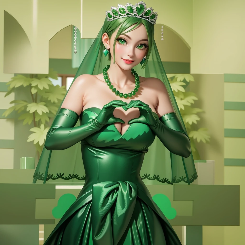 Emerald tiara, Green Pearl Necklace, ボーイッシュな非常に短いGreen Hair, Green Lips, Smiling Japanese woman, Very short hair, Busty beautiful lady, Green Eyes, Green satin long gloves, Green Eyes, Emerald Earrings, Green veil, Heart with both hands, Green Hair, Beautiful Japanese Woman, Heart shaped hands:1.3, green lip gloss