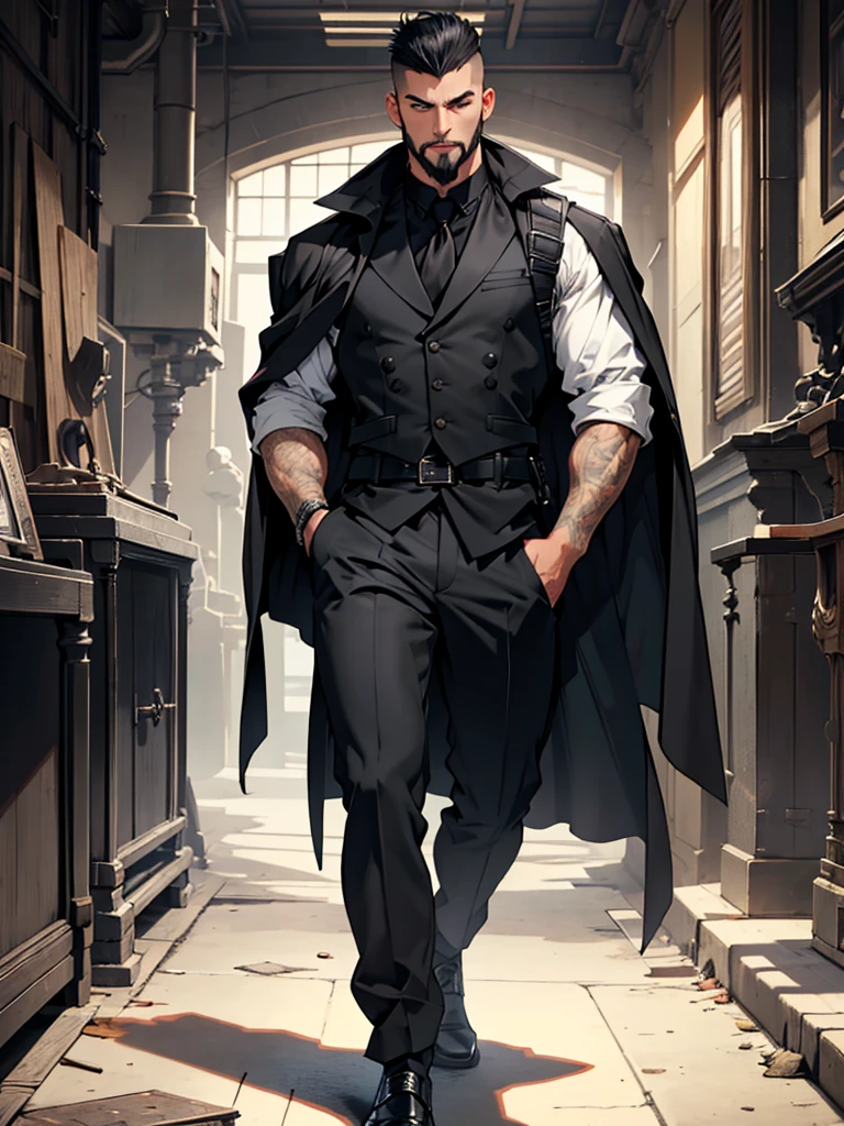 8K. アニメ, sex volume in pants. adult old Marshal Supreme serious muscular slim strong short black hair on top combed back short high fade shaved on the side. Dressed in a long black suit with equipment vests at the waist and a flowing black cape. Beautiful black brujnco. beautiful boss, male with elegant goatee style beard. He has a big backpack on his shoulder. fund: He is leaning on a table. A black polished room with various broken parts and equipment.