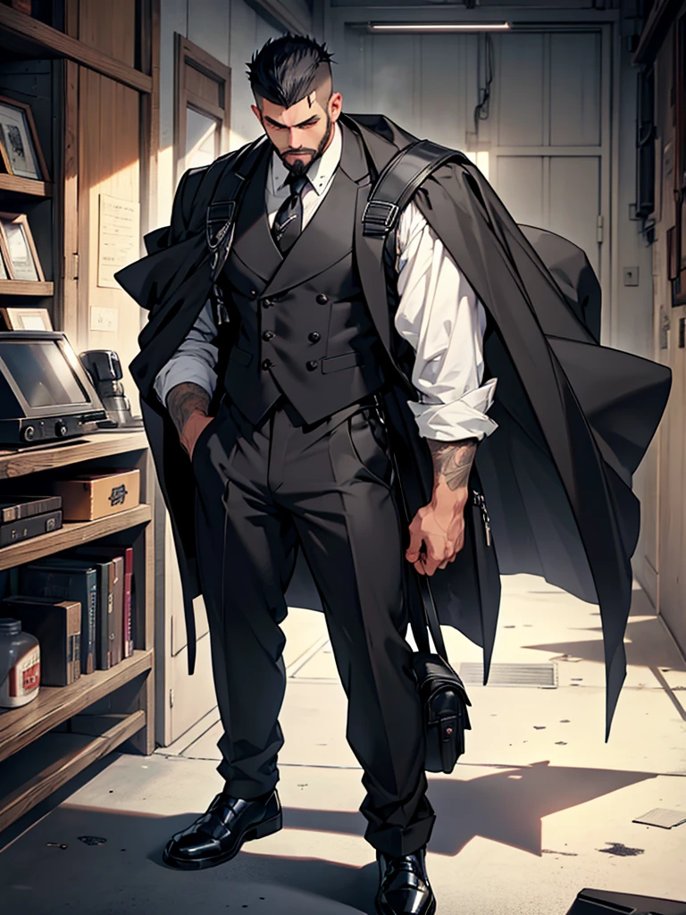 8K. アニメ, sex volume in pants. adult old Marshal Supreme serious muscular slim strong short black hair on top combed back short high fade shaved on the side. Dressed in a long black suit with equipment vests at the waist and a flowing black cape. Beautiful black brujnco. beautiful boss, male with elegant goatee style beard. He has a big backpack on his shoulder. fund: He is leaning on a table. A black polished room with various broken parts and equipment.