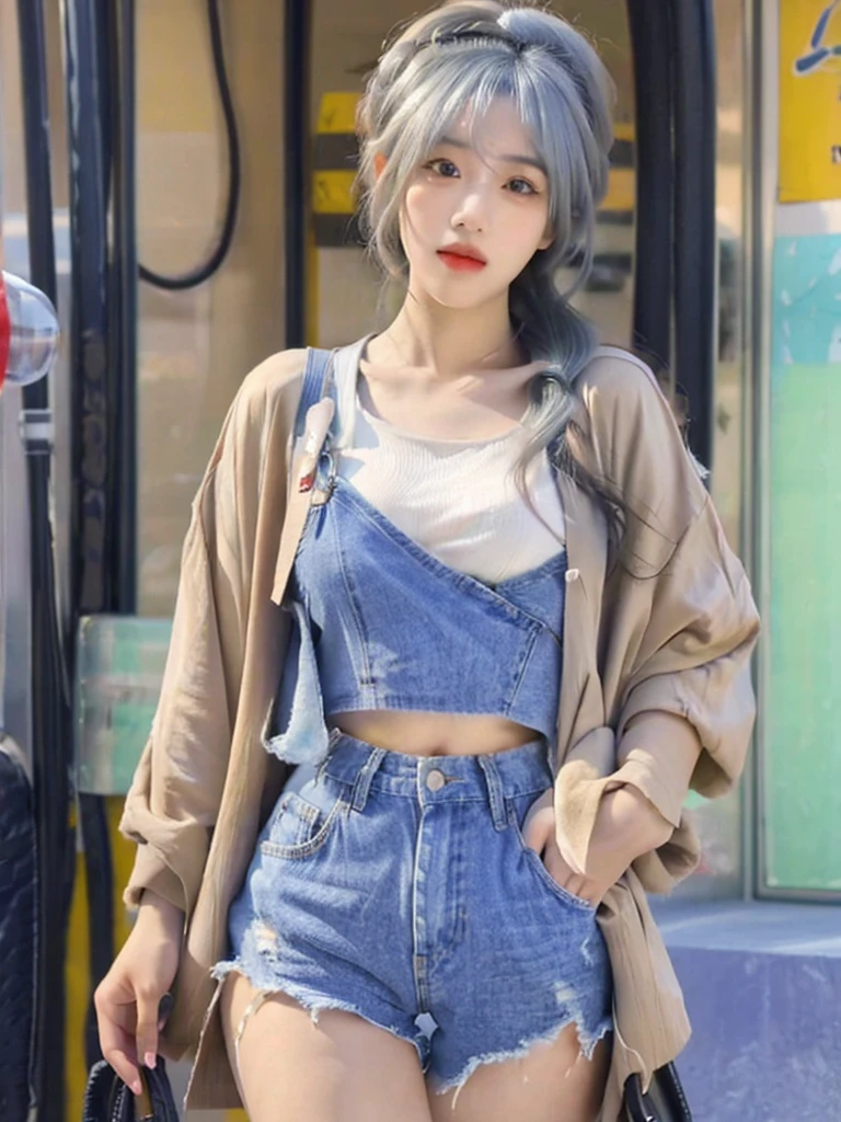 ultra HD resolution , 8k, photography, 21 year girl , Asian girl,beautiful girl, long hair , hair pin , silver hair , medium , crop top , jeans shorts