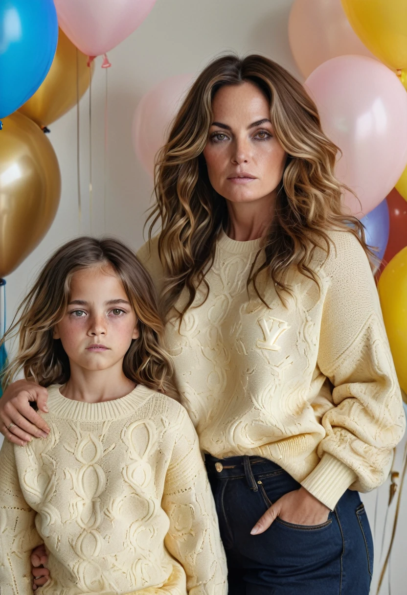 A real photograph of a 45-year-old woman, with sagging breasts, a curvy body and layered wavy brown hair falling in front, standing next to her -yeld dater. Angry, the 45-year-old woman wears a luxurious black and gold Louis Vuitton sweater, navy blue mini shorts with tears, she looks beautiful, her daughter wears a mustard Gucci sweater. Her almond-shaped eyes shine, a children's party background, full of sex and depravity with colorful balloons. The two look at the photographer, hyperreal, better photography, photorealistic, lifting their shirt.