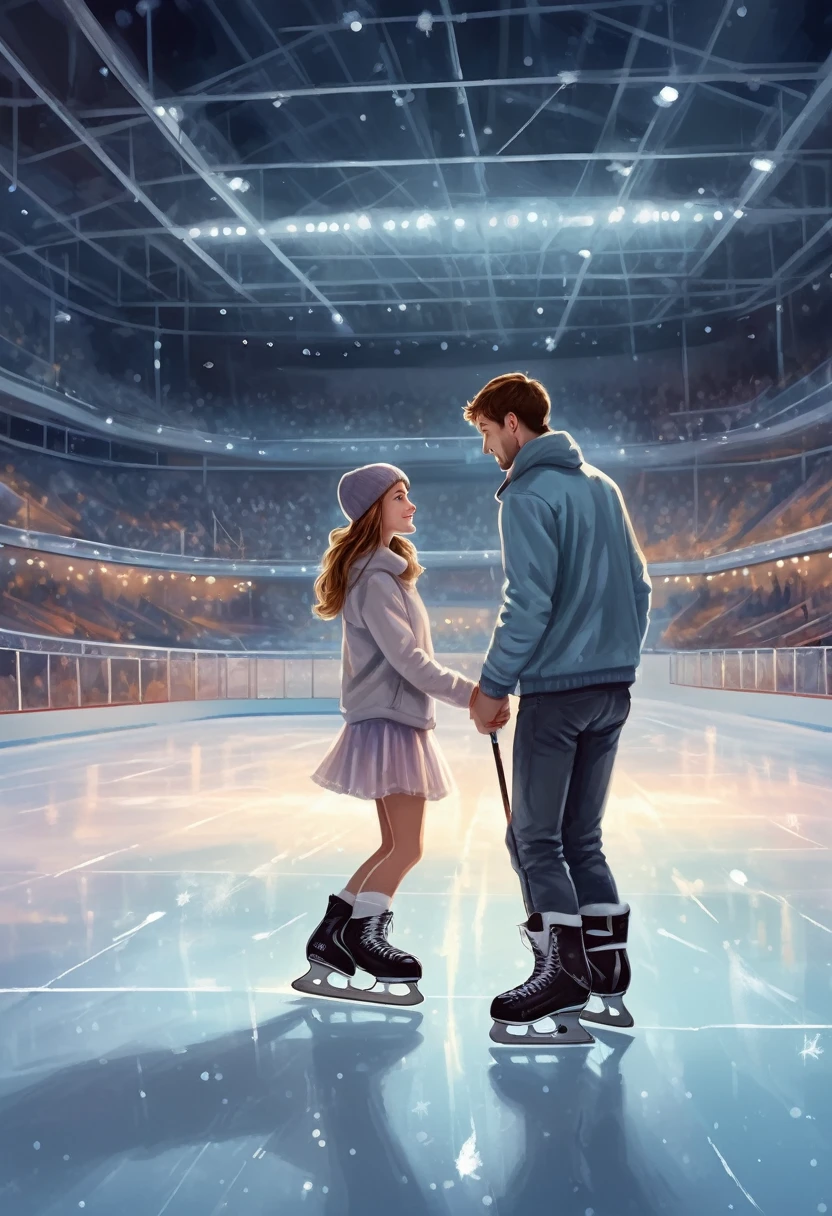 Imagine a romantic date between a girl and a guy at an indoor ice stadium late in the evening. The ice sparkles under the soft lights of the spotlights, creating a magical atmosphere. There is no one in the stands, only the quiet rustling of skates on the surface of the ice breaks the surrounding silence. Illustration. Drawing. Painting. Art.