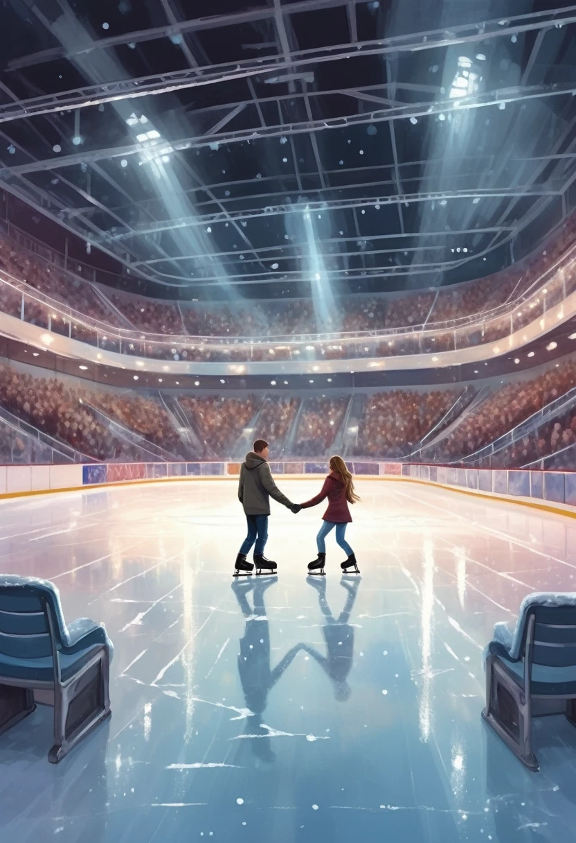 Imagine a romantic date between a girl and a guy at an indoor ice stadium late in the evening. The ice sparkles under the soft lights of the spotlights, creating a magical atmosphere. There is no one in the stands, only the quiet rustling of skates on the surface of the ice breaks the surrounding silence.  Illustration. Drawing. Painting. Art.