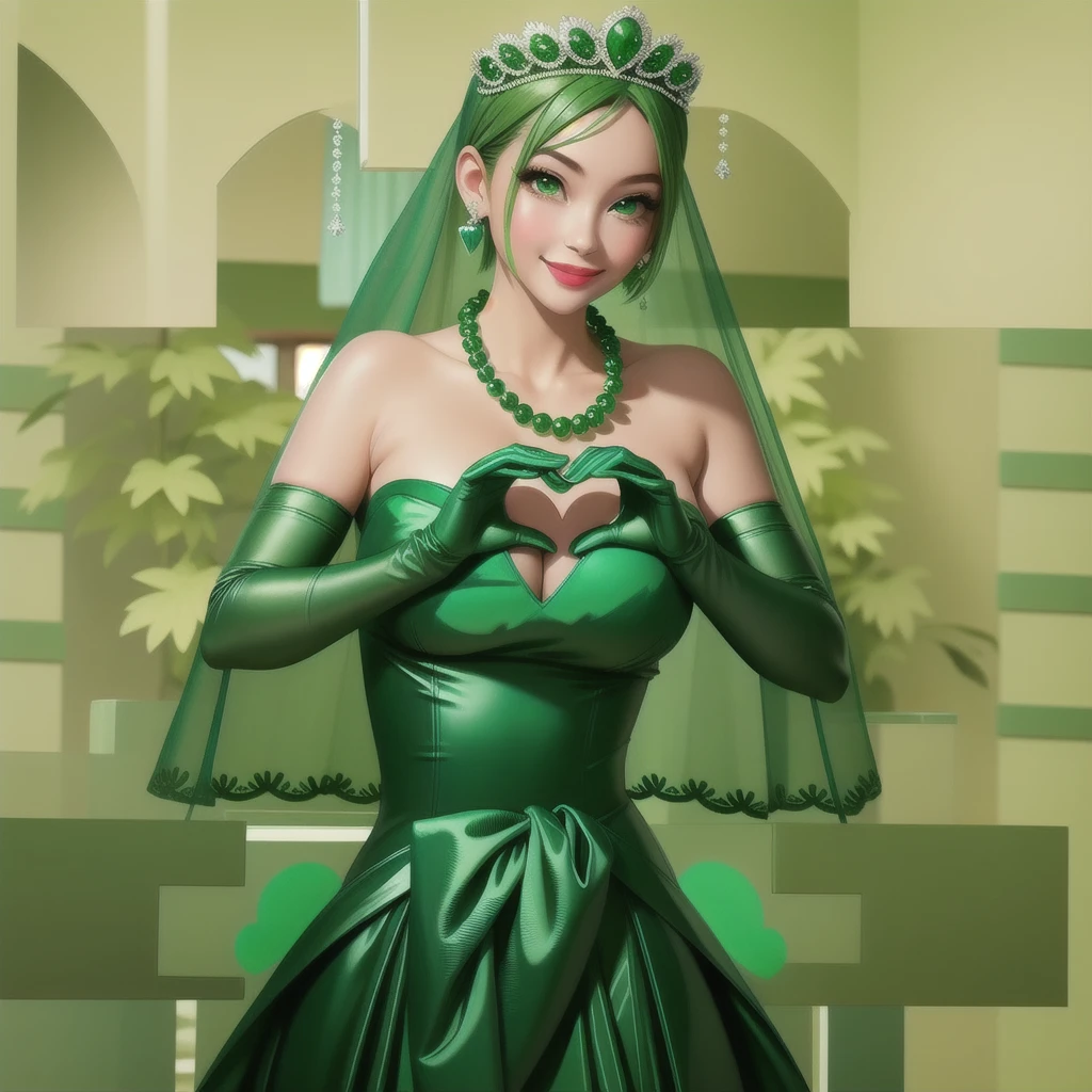 Emerald tiara, Green Pearl Necklace, ボーイッシュな非常に短いGreen Hair, Green Lips, Smiling Japanese woman, Very short hair, Busty beautiful lady, Green Eyes, Green satin long gloves, Green Eyes, Emerald Earrings, Green veil, Heart with both hands, Green Hair, Beautiful Japanese Woman, Heart shaped hands:1.3, green lip gloss