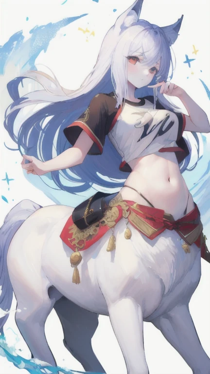 (best quality, masterpiece), 1 girl, centaur, It takes, White skin, Korean  , Han bok, exposing the abdomen,belly button t-shirt, 아름다운 소녀 perfect wolf photo, perfect wolf photo
