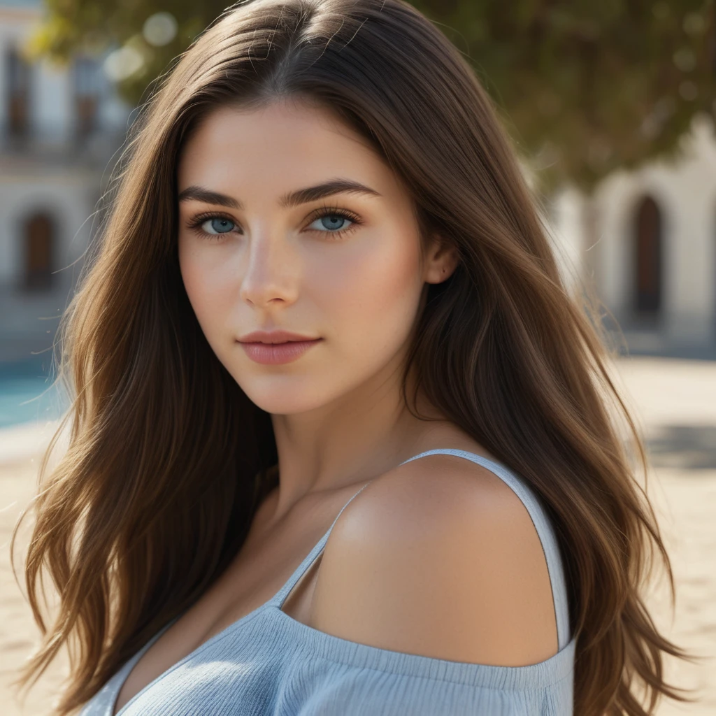 Ultra realistic retrait image, high resolution 16k, Cinematic, high brightness, high saturation, high contrast, high sharpness of a beauty Portuguese white woman with blue eyes, straight hair, long hair, dark brown hair color, clean and smooth facial skin, perfect skin, lean body, age 18 years old