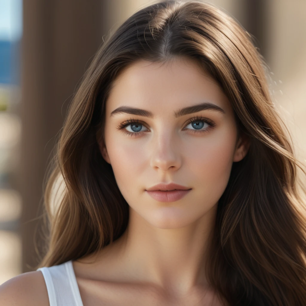 Ultra realistic retrait image, high resolution 16k, Cinematic, high brightness, high saturation, high contrast, high sharpness of a beauty Portuguese white woman with blue eyes, straight hair, long hair, dark brown hair color, clean and smooth facial skin, perfect skin, lean body, age 18 years old