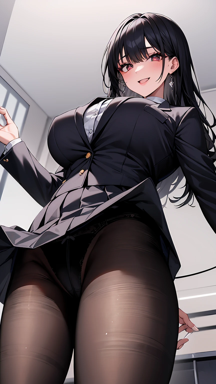 One Girl, Five Fingers, mini skirt, Looking down at the viewer, Black Hairロングヘアー, Highest quality, Focus on the thighs, Dynamic pose, smile, blazer, blouse, Black Pantyhose, panties under pantyhose, Standing Split, classroom, Black Hair, Stylish pose,My thighs and groin are steamy