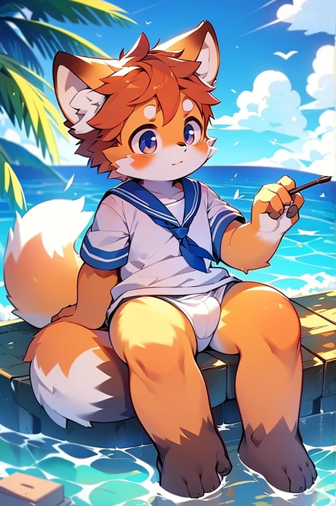 Male Red Panda, Ocean, Appeared wearing a sailor uniform! One in heat, Sitting,