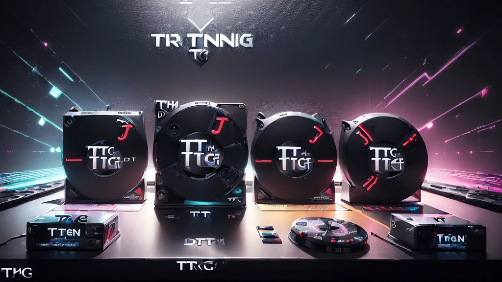 (DTG: 1.8), (DTG letters: 1.8), (Three letters: 1.8), DJ set, Music, cassette, CD Player, Futuristic device for music playing, Music reproducer, Lo-fi, writing, abstract, colorful, high resolution, high quality, neon colors, dark grey background, black grey grdient