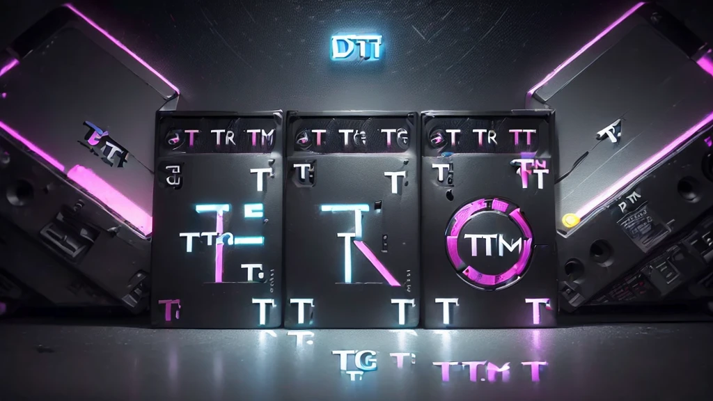 (DTG: 1.8), (DTG letters: 1.8), (Three letters: 1.8), DJ set, Music, cassette, CD Player, Futuristic device for music playing, Music reproducer, Lo-fi, writing, abstract, colorful, high resolution, high quality, neon colors, dark grey background, black grey grdient