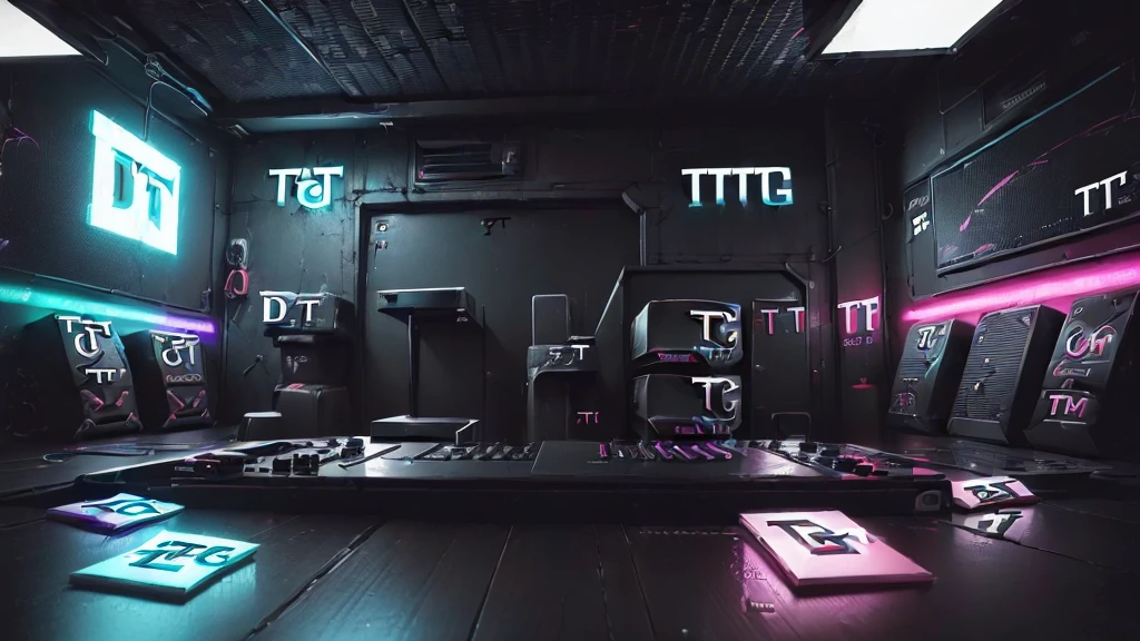 (DTG: 1.8), (DTG letters: 1.8), (Three letters: 1.8), DJ set, Music, cassette, CD Player, Futuristic device for music playing, Music reproducer, Lo-fi, writing, abstract, colorful, high resolution, high quality, neon colors, dark grey background, black grey grdient