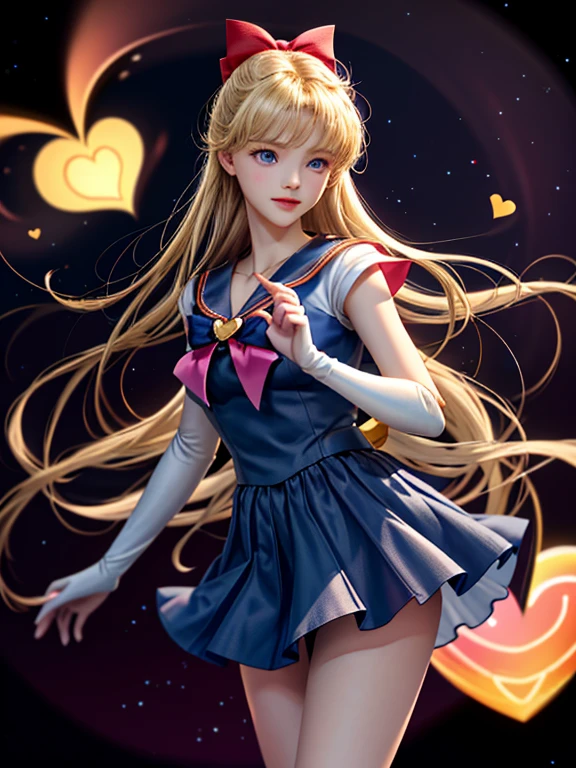 (masterpiece, highest quality; 1.3), Very detailedなCG, Very detailed, 1 girl, alone, smile, Looking at the audience, stylish angle, Long blonde hair, blue eyes, SV1, Sailor suit, Orange Skirt, Elbow hand pockets, tiara, Orange sailor collar, red bow, orange necklace, White gloves, jewelry, Many Hearts, face focus, Venus, tornado, Abstract background, storm of heart, Stop beam, Heart Bubble, Heart Bus, Stop Star, heart flower, Heart Lamp, world of heart, heart background, Galaxy Background, Heart Weapon, Heart Halo,