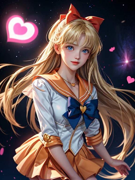 (masterpiece, highest quality; 1.3), Very detailedなCG, Very detailed, 1 girl, alone, smile, Looking at the audience, stylish angle, Long blonde hair, blue eyes, SV1, Sailor suit, Orange Skirt, Elbow hand pockets, tiara, Orange sailor collar, red bow, orange necklace, White gloves, jewelry, Many Hearts, face focus, Venus, tornado, Abstract background, storm of heart, Stop beam, Heart Bubble, Heart Bus, Stop Star, heart flower, Heart Lamp, world of heart, heart background, Galaxy Background, Heart Weapon, Heart Halo,