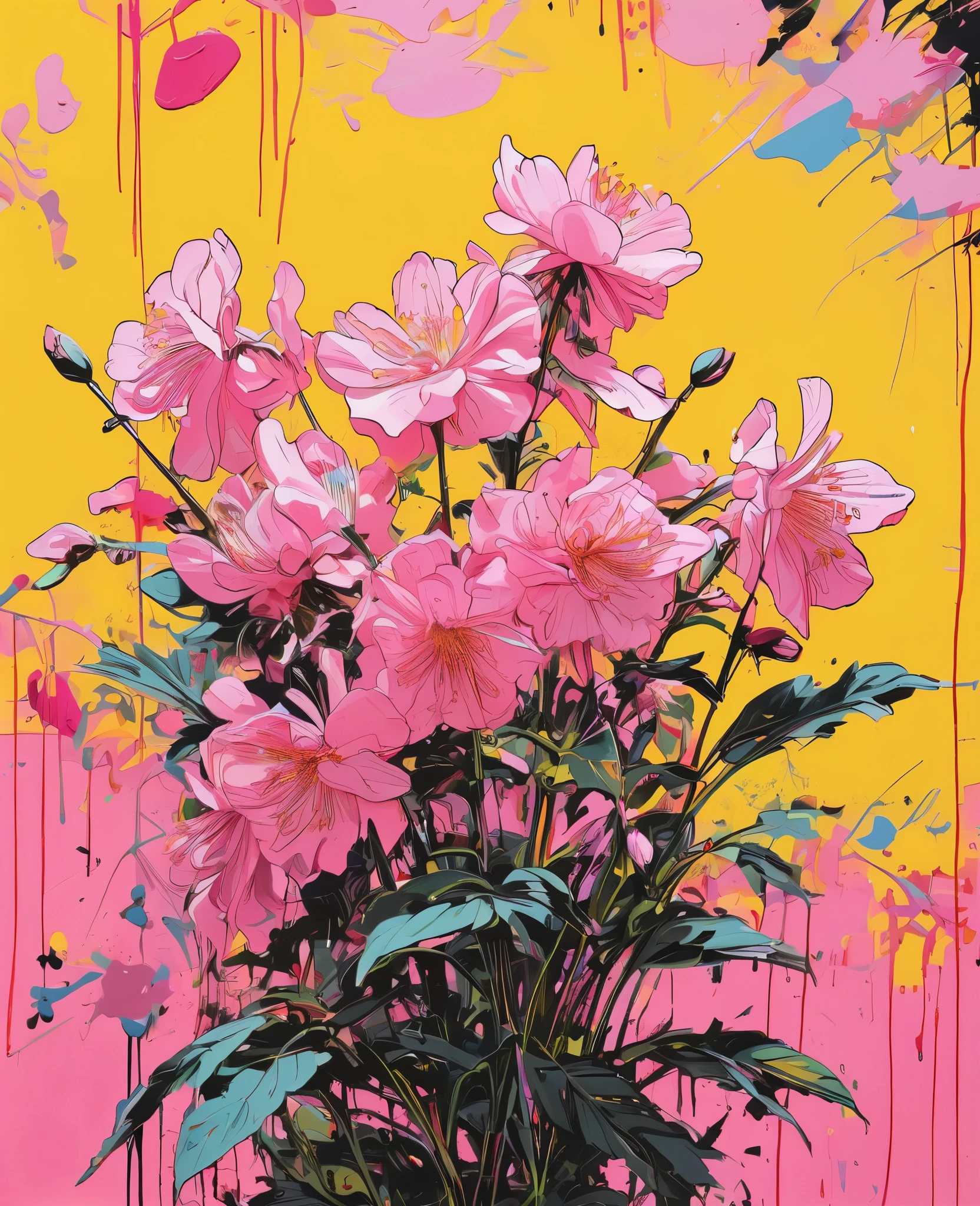 Graffiti, scribble, Comics by Petra Cortright, best quality, masterpiece, pink artwork, Representative work, official art, Professional, Ultra intricate detailed, 8k, pink flowers art, yellow background 