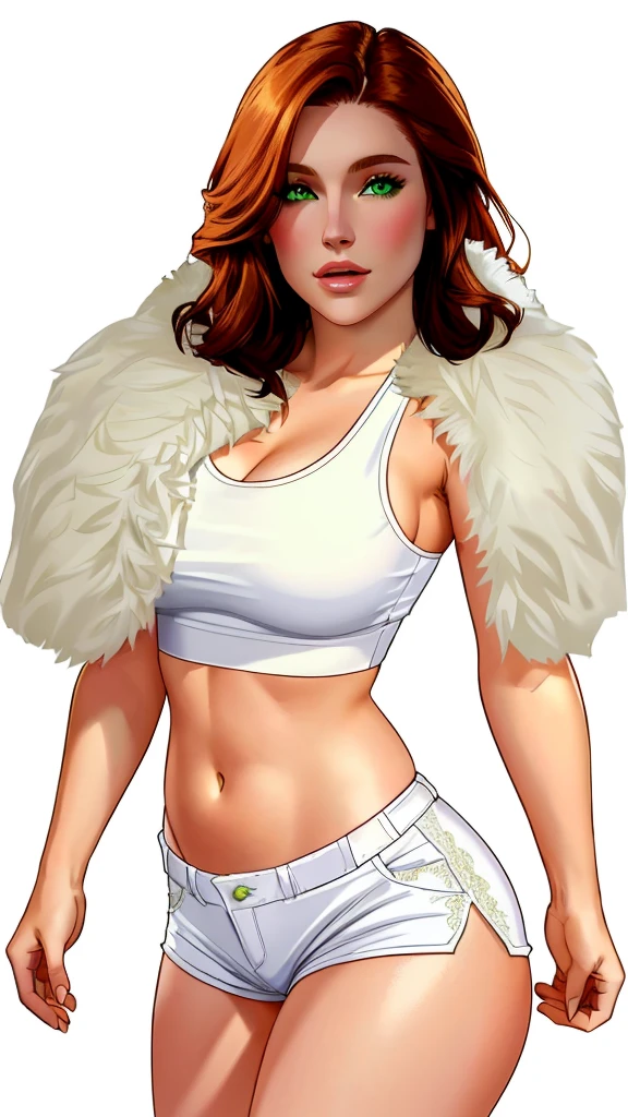 Lacy Lemon, pretty woman, ginger hair, midriff, white cloth hotapants,tank top, fur stole short shorts, fur wrap over shoulders
green eyes,
white background, blank background,