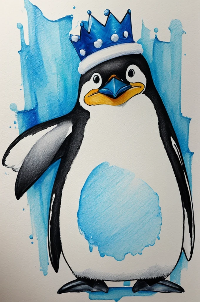 Draw me a drawing of a penguin with long arms and little legs with a paintbrush in your hand with blue paint and an ice crown on your head.