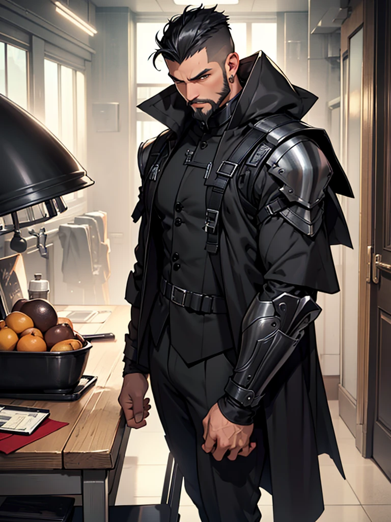 8K. アニメ, sex volume in pants. young adult Marshal Supremo serious muscular slim strong short black hair on top slicked back short high fade shaved on the side. Dressed in a long black suit with equipment vests at the waist and a flowing black cape. Beautiful black earring. beautiful boss, male with elegant goatee style beard. He has a big backpack on his shoulder. Wielding a long sniper. fund: He is leaning on a table. A black polished room with various broken parts and equipment. Red technological details on the armor and sniper.