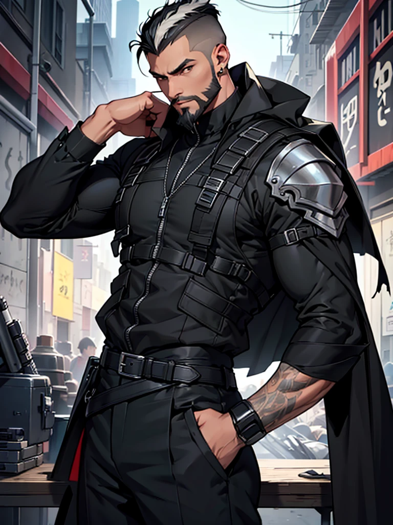 8K. アニメ, sex volume in pants. young adult Marshal Supremo serious muscular slim strong short black hair on top slicked back short high fade shaved on the side. Dressed in a long black suit with equipment vests at the waist and a flowing black cape. Beautiful black earring. beautiful boss, male with elegant goatee style beard. He has a big backpack on his shoulder. Wielding a long sniper. fund: He is leaning on a table. A black polished room with various broken parts and equipment. Red technological details on the armor and sniper.