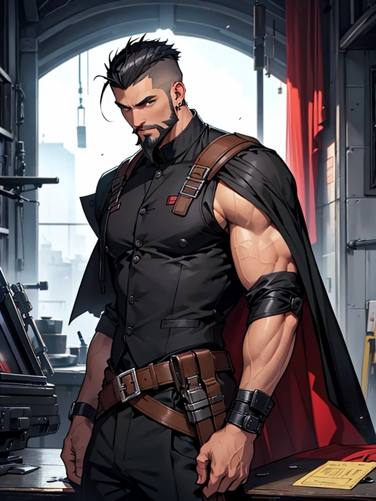 8K. アニメ, sex volume in pants. young adult Marshal Supremo serious muscular slim strong short black hair on top slicked back short high fade shaved on the side. Dressed in a long black suit with equipment vests at the waist and a flowing black cape. Beautiful black earring. beautiful boss, male with elegant goatee style beard. He has a big backpack on his shoulder. Wielding a long sniper. fund: He is leaning on a table. A black polished room with various broken parts and equipment. Red technological details on the armor and sniper.