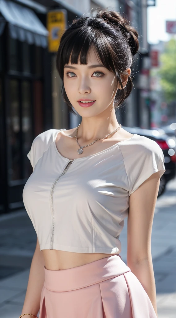 8k, masterpiece, RAW photo, best quality, photorealistic, extremely detailed CG unity 8k wallpaper, Depth of field, Cinematic Light, Lens Flare, Ray tracing, (extremely beautiful face, beautiful lips, beautiful eyes), intricate detail face, ((ultra detailed skin)) 1girl, in the dark, deep shadow, pretty hinata hyuga,(very slim slender fit-muscled body:1.3), ((looking at viewer)),(big smile:1.3), (night, (neon sign), (blurry background), midnight, (without people in the background:1.3), white diamond earrings, bracelets, necklace, clear eyes, walking , front shot, (pale skin), face forward, (big eyes), full body shot, ((see through blouse)), (hot pink color blouse)), ((laced skirt)), (looking at viewer:1.3), very slim, huge breasts, no bra,Hermes bag, mini skirt, updo hair, short hair, teeth