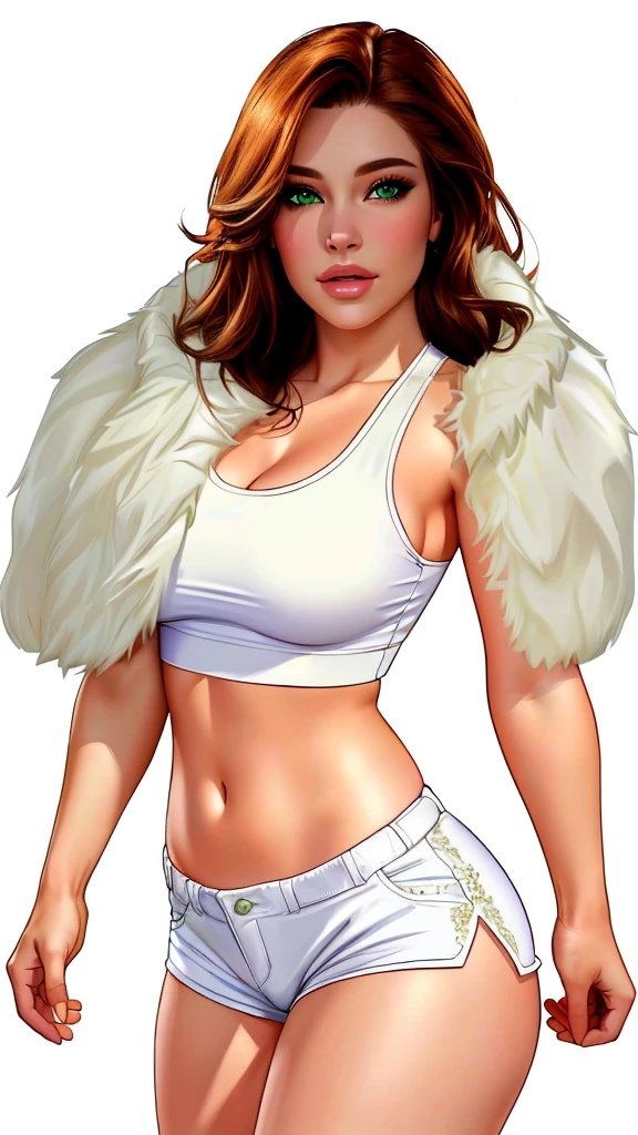 (best quality,4k,8k,highres,masterpiece:1.2),ultra-detailed,(realistic,photorealistic,photo-realistic:1.37),extremely detailed eyes and face,beautiful detailed eyes,beautiful detailed lips,longeyelashes,girl,woman,ginger hair,green eyes,midriff,white cloth hotapants,tank top,fur stole,short shorts,fur wrap over shoulders,studio lighting,HDR,UHD,vivid colors,bokeh,portrait