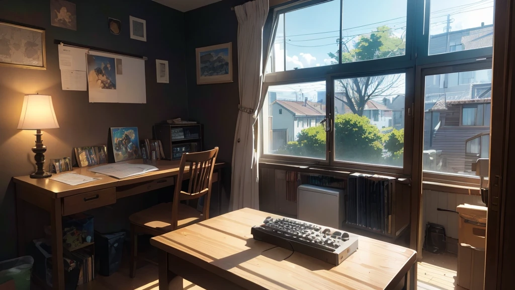 Cinematic, (Artwork), (best quality), (ultra-detailed), very aesthetic, illustration, perfect composition, intricate details, absurdities, (anime, Artwork, intricate:1.3), (best quality, hire textures , High detail:1.2), (4K), (incredibly detailed:1.4) 《Work of art》, 《best quality》, 《ultra-detailed》, Cozy teenager's room, soft lamp light, walls decorated with anime posters , bookshelf full of books and manga, table with computer turned on, open window with fluttering curtains, moonlight coming through the window, several colorful pillows on the bed, some toys and action figures scattered around, headphones on the table, notebook open with notes, small plants in pots, mechanical keyboard with RGB lighting, vintage decoration details, soft lighting creating detailed shadows, without character.