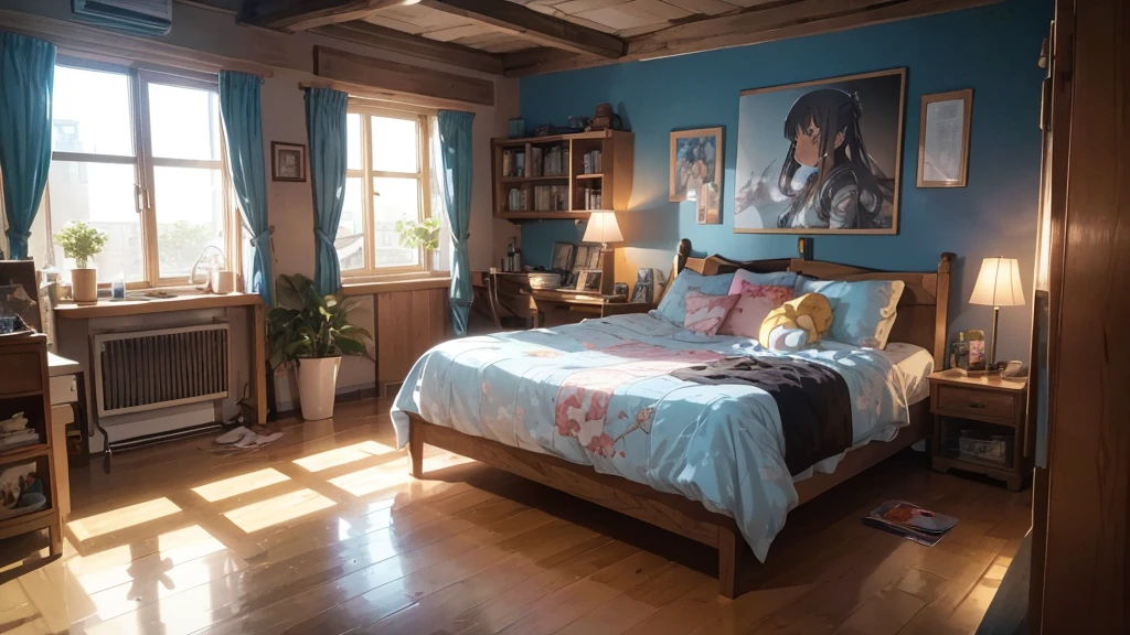 Cinematic, (Artwork), (best quality), (ultra-detailed), very aesthetic, illustration, perfect composition, intricate details, absurdities, (anime, Artwork, intricate:1.3), (best quality, hire textures , High detail:1.2), (4K), (incredibly detailed:1.4) 《Work of art》, 《best quality》, 《ultra-detailed》, Cozy teenager's room, soft lamp light, walls decorated with anime posters , bookshelf full of books and manga, table with computer turned on, open window with fluttering curtains, moonlight coming through the window, several colorful pillows on the bed, some toys and action figures scattered around, headphones on the table, notebook open with notes, small plants in pots, mechanical keyboard with RGB lighting, vintage decoration details, soft lighting creating detailed shadows, without character.