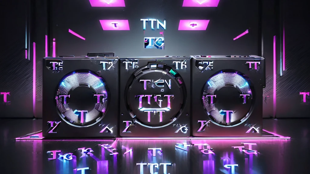 (DTG: 1.8), (DTG letters: 1.8), (Three letters: 1.8), DJ set, Music, cassette, CD Player, Futuristic device for music playing, Music reproducer, Lo-fi, writing, abstract, colorful, high resolution, high quality, neon colors, dark grey background, black grey grdient