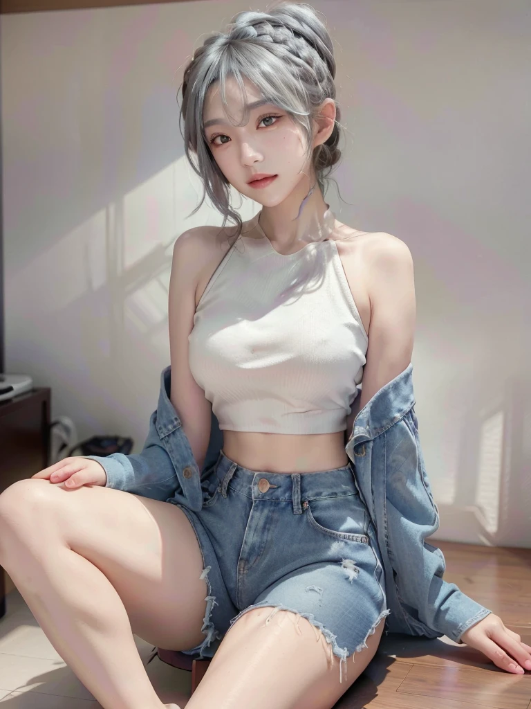 ultra HD resolution , 8k, photography, 21 year girl , Asian girl,beautiful girl, long hair , hair pin , silver hair , medium , crop top , jeans shorts