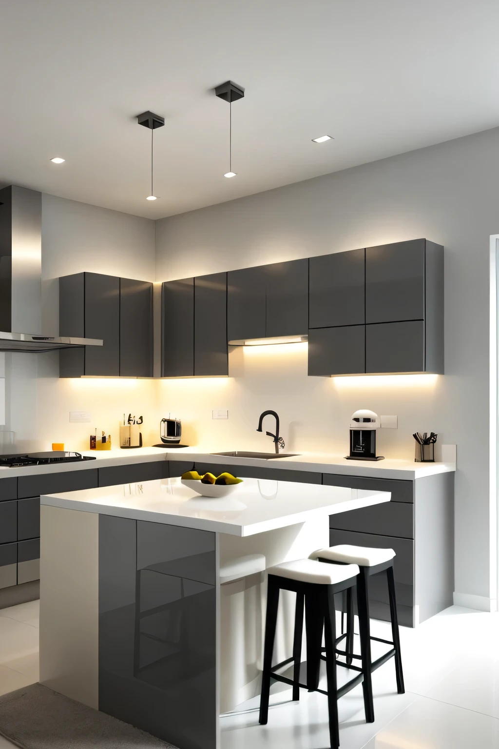 Professional 3d architecture rendering design of modern and minimal kitchen with light mink gray color and thunder gray color and light cream color and black color