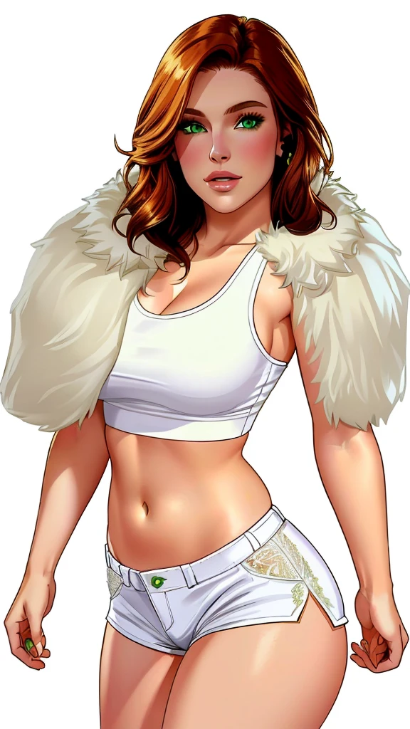 Lacy Lemon, pretty woman, ginger hair, midriff, white cloth hotapants,tank top, fur stole short shorts, fur wrap over shoulders
green eyes,
white background, blank background,
